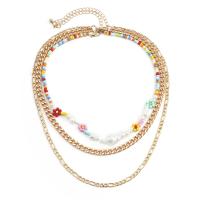Multi Layer Necklace Iron with Seedbead & Plastic Pearl Daisy gold color plated fashion jewelry & for woman golden Sold By Set