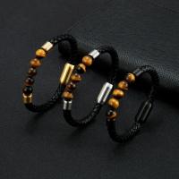 Leather Cord Bracelet, with Tiger Eye, 316 stainless steel magnetic clasp, plated, braided bracelet & Unisex, more colors for choice, 6x8mm, Length:Approx 8.27 Inch, Sold By PC