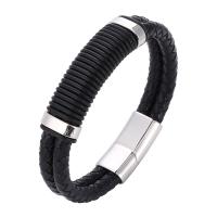 Cuir bracelet, avec acier inoxydable, Placage de couleur argentée, bracelet tressé & unisexe & normes différentes pour le choix, noire, 6x6mm, Vendu par brin