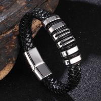 Bracelet cordon en cuir, avec acier inoxydable, Placage de couleur argentée, bracelet tressé & unisexe & normes différentes pour le choix, noire, 12x6mm, Vendu par PC