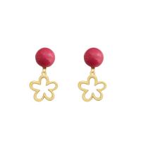 Resin Earring, with Tibetan Style, Flower, gold color plated, for woman, red, 23x43mm, 10Pairs/Lot, Sold By Lot