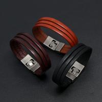 Leather Bracelet zinc alloy interlock buckle silver color plated three layers & vintage design & Unisex 15mm Sold By PC