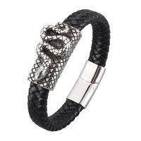 Cuir bracelet, avec acier inoxydable, Placage de couleur argentée, conception vintage & bracelet tressé & unisexe & normes différentes pour le choix, noire, 12x6mm, Vendu par PC
