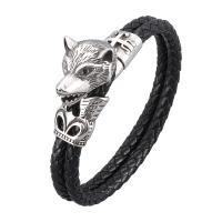 Leather Bracelet stainless steel interlock buckle silver color plated Double Layer & braided bracelet & Unisex black Sold By PC