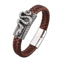 Leather Cord Bracelet with Stainless Steel silver color plated braided bracelet & Unisex brown Sold By PC