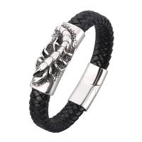 Bracelet cordon en cuir, avec acier inoxydable, Placage de couleur argentée, bracelet tressé & unisexe & normes différentes pour le choix, noire, 12x6mm, Vendu par PC