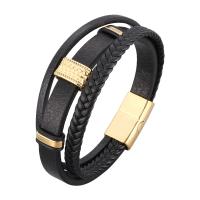 PU Leather Cord Bracelets Microfiber PU with Stainless Steel gold color plated three layers & braided bracelet & Unisex black Sold By PC
