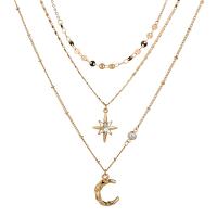 Multi слой ожерелье, цинковый сплав, Луна и звезды, Другое покрытие, многослойный & Женский & со стразами, Золотой, продается PC