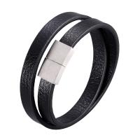 PU Leather Cord Bracelets, Microfiber PU, stainless steel magnetic clasp, silver color plated, Double Layer & Unisex & different size for choice, black, 10x3mm, Sold By PC