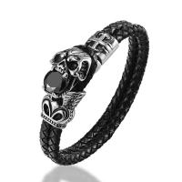 PU Leather Bracelet, with 316L Stainless Steel, for man & with rhinestone, black, 12mm, Sold By PC