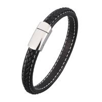 Microfiber PU Bracelet stainless steel magnetic clasp silver color plated Unisex & woven pattern black Sold By Strand