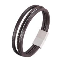 Microfiber PU Bracelet stainless steel magnetic clasp silver color plated three layers & Unisex & woven pattern dark brown 2mm Sold By PC