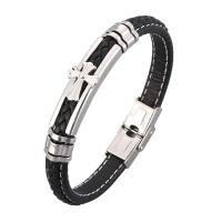 Microfibre PU bracelet, avec acier inoxydable, Placage de couleur argentée, unisexe & normes différentes pour le choix & motif tissé, noire, 8x5mm, Vendu par PC