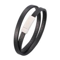 Microfibre PU bracelet, acier inoxydable fermoir magnétique, Placage de couleur argentée, Double couche & unisexe & normes différentes pour le choix, noire, 6x3mm, Vendu par brin