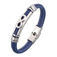 Microfibre PU bracelet, avec acier inoxydable, Numéro 8, Placage de couleur argentée, unisexe & normes différentes pour le choix & motif tissé, bleu, 8x5mm, Vendu par PC
