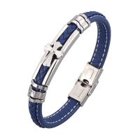 Microfibre PU bracelet, avec acier inoxydable, croix, Placage de couleur argentée, unisexe & normes différentes pour le choix & motif tissé, bleu, 8x5mm, Vendu par PC