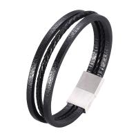 Microfiber PU Bracelet stainless steel magnetic clasp silver color plated three layers & braided bracelet & Unisex black 1mm Sold By Strand