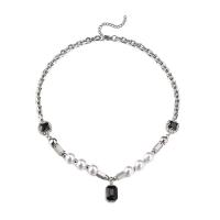 Titanium Steel Necklace, with ABS Plastic Pearl & Resin Rhinestone & Tibetan Style, with 1.96 lnch extender chain, for man, 10*14mm,8mm,10mm, Length:Approx 17.72 Inch, 5PCs/Lot, Sold By Lot