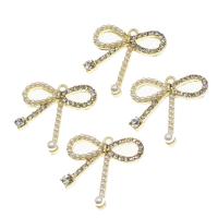 Tibetan Style Bowknot Pendants, with pearl, with rhinestone, golden, 23x23x3mm, Sold By PC