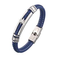 Microfibre PU bracelet, avec acier inoxydable, Placage de couleur argentée, unisexe & normes différentes pour le choix & motif tissé, bleu, protéger l'environnement, sans nickel, plomb et cadmium, 8x5mm, Vendu par PC