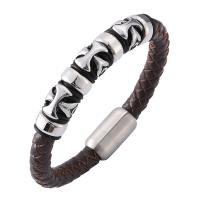 Leather Bracelet with Stainless Steel silver color plated Unisex & woven pattern brown nickel lead & cadmium free 8mm Sold By PC