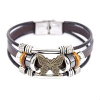 Leather Cord Bracelet, with Waxed Linen Cord & Wood & Resin & Copper Coated Plastic, Butterfly, plated, three layers & Unisex, brown, nickel, lead & cadmium free, 205mm, Length:Approx 8.07 Inch, Sold By PC