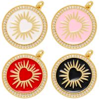 Cubic Zirconia Micro Pave Brass Pendant, Flat Round, gold color plated, micro pave cubic zirconia & enamel, more colors for choice, 31x26mm, Hole:Approx 1.2mm, 10PCs/Lot, Sold By Lot