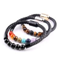 Gemstone Bracelets Leather with Rainbow Stone & Tiger Eye & Black Agate stainless steel magnetic clasp plated braided bracelet & Unisex Length Approx 7.5 Inch Sold By PC