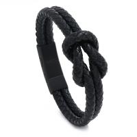 ПУ шнур браслеты, Искусственная кожа, с нержавеющая сталь, ювелирные изделия моды & Мужская, черный, длина:8.86 дюймовый, продается PC