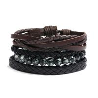 PU Leather Cord Bracelets, with Glass Beads & Wax Cord, 4 pieces & Adjustable & fashion jewelry & handmade & Unisex, 17-18cm,6cm, Sold By Set