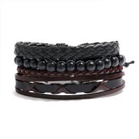 PU Leather Cord Bracelets, with Wax Cord, 4 pieces & Adjustable & fashion jewelry & handmade & Unisex, 17-18cm,6cm, Sold By Set