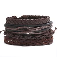 PU Leather Cord Bracelets, with Linen & Wax Cord, 4 pieces & Adjustable & fashion jewelry & handmade & Unisex, brown, 17-18cm,6cm, Sold By Set