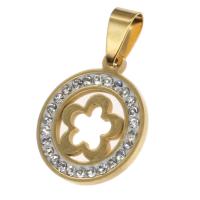 Stainless Steel Pendants, Round, with flower pattern & with rhinestone, more colors for choice, 23x20x2mm, Sold By PC