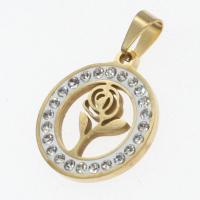 Stainless Steel Pendants, Round, with flower pattern & with rhinestone, more colors for choice, 23x20x2mm, Sold By PC