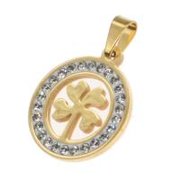 Stainless Steel Pendants Round four leaf clover design & with rhinestone Sold By PC