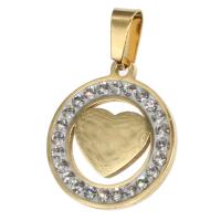 Stainless Steel Pendants, Round, with heart pattern & with rhinestone, more colors for choice, 23x20x2mm, Sold By PC