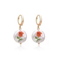 Huggie Hoop Drop Earring, Brass, with Plastic Pearl, fashion jewelry & with flower pattern & for woman, nickel, lead & cadmium free, 35x15mm, Sold By Pair