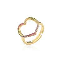 Brass Open Finger Ring Heart 18K gold plated Adjustable & micro pave cubic zirconia & for woman & hollow Sold By PC