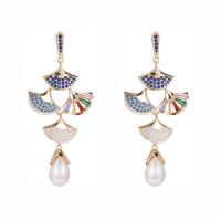 Cubic Zirconia Micro Pave Brass Earring, with Plastic Pearl, gold color plated, fashion jewelry & micro pave cubic zirconia & for woman, nickel, lead & cadmium free, 61x26mm, Sold By Pair