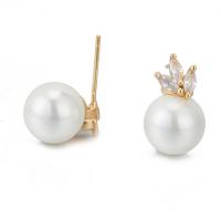 Brass Earring Stud Component with Plastic Pearl 14K gold plated & micro pave cubic zirconia Sold By Lot