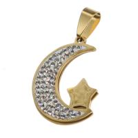 Stainless Steel Pendants, Moon and Star, with rhinestone, more colors for choice, 28x20x1mm, Sold By PC