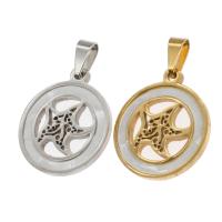 Stainless Steel Pendants, with Shell, Round, with star pattern, more colors for choice, 23x20x2mm, Sold By PC