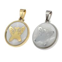 Stainless Steel Pendants, with Shell, Round, with butterfly pattern, more colors for choice, 23x20x3mm, Sold By PC