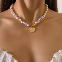 Пластиковый жемчужное ожерелье, Пластиковая жемчужина, с Seedbead & цинковый сплав, Сердце, плакирован золотом, Женский, разноцветный, 7mm, продается PC