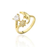Brass Cuff Finger Ring, Moon and Star, 18K gold plated, Adjustable & micro pave cubic zirconia & for woman, 14mm, Sold By PC
