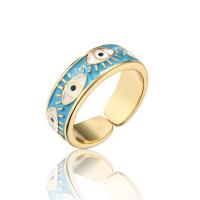 Brass Cuff Finger Ring 18K gold plated Adjustable & with eye pattern & for woman & enamel 6mm Sold By PC