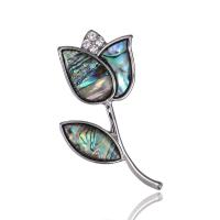 Tibetan Style Brooches, with Abalone Shell, Rose, silver color plated, for woman & enamel & with rhinestone, silver color, 52x27mm, Sold By PC