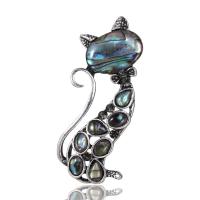 Zinc Alloy Brooches with Abalone Shell Cat silver color plated for woman & enamel & with rhinestone silver color Sold By PC