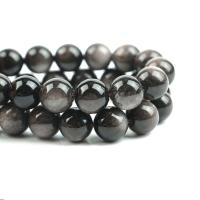 Silver+Obsidian Perle, rund, poliert, DIY, schwarz, verkauft per 38 cm Strang