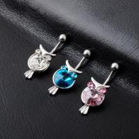 Stainless Steel Belly Ring, 316 Stainless Steel, Owl, silver color plated, for woman & with rhinestone, more colors for choice, 32x12mm, Sold By PC
